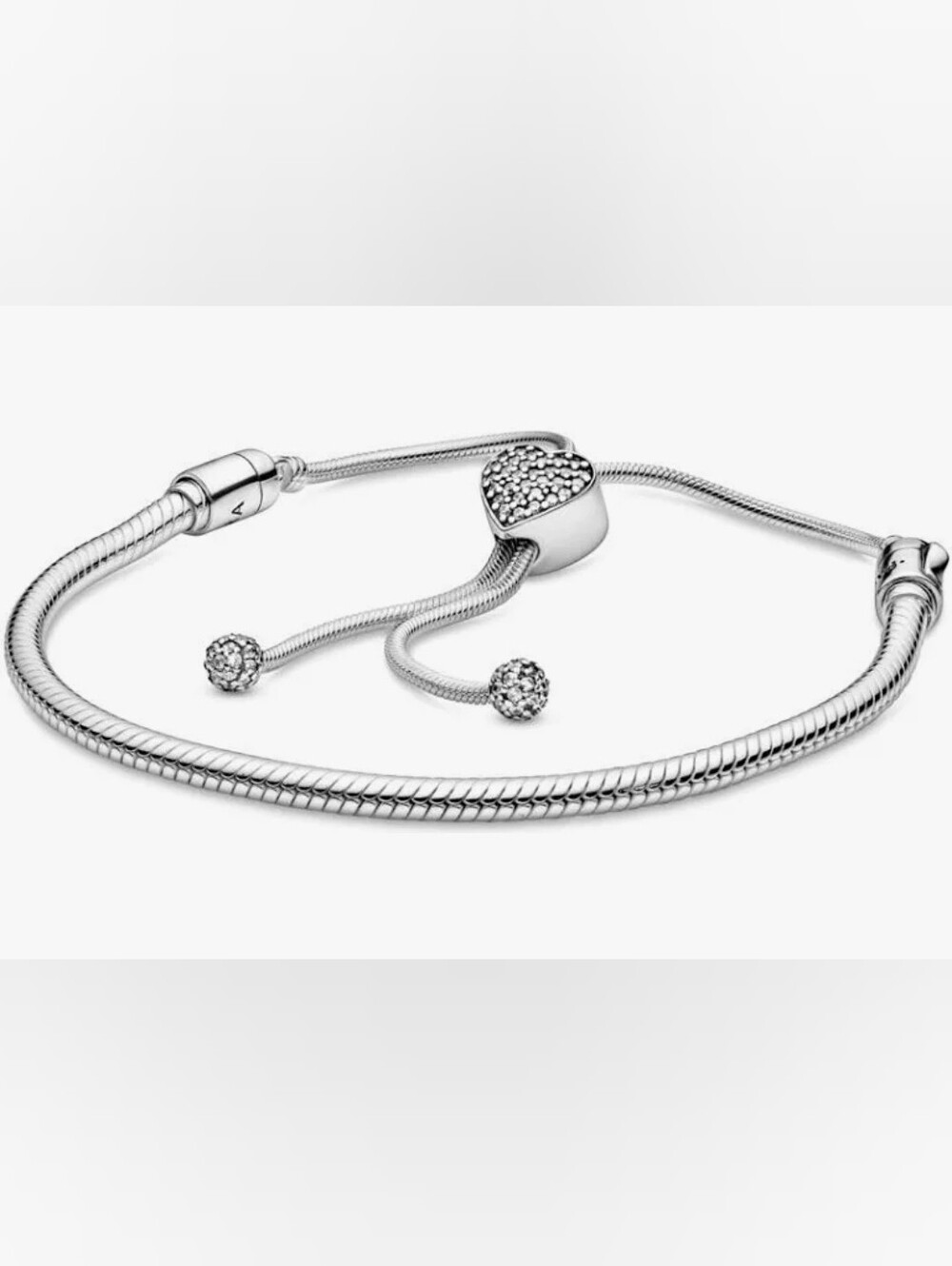 Pandora Moments Pave Heart Clasp Snake Chain Slider Silver Bracelet